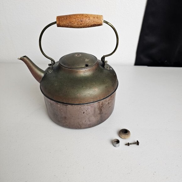 Unbranded Other - Vintage Copper Teapot Kettle Wood Handle Primitive Rustic Farmhouse DECOR ONLY